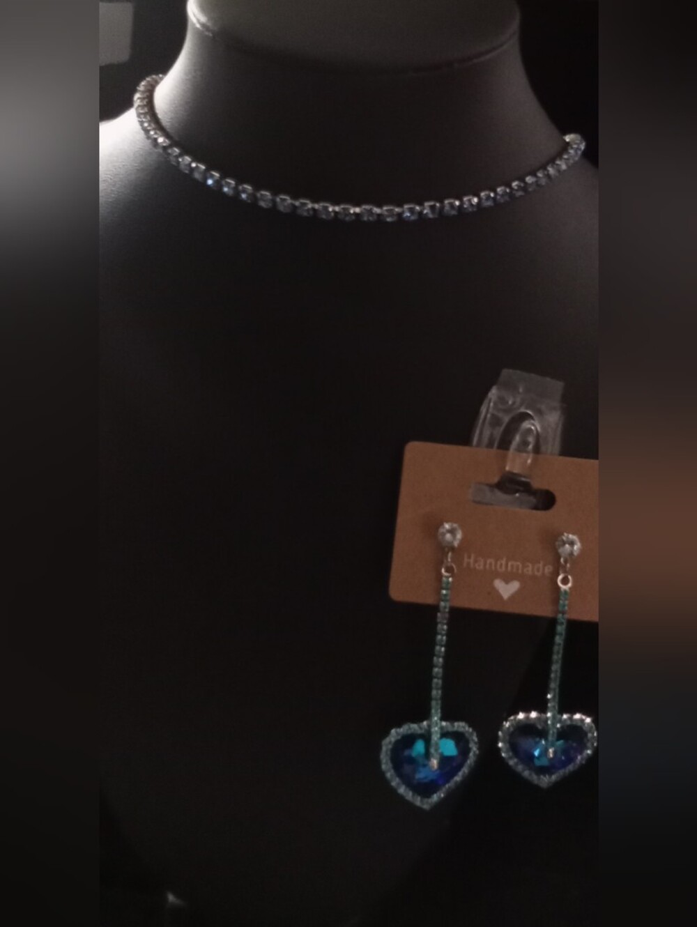 Handmade Blue Crystal Heart Dangle Earrings and Choker Necklace Set